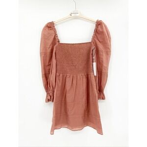 Reformation Dunes Praline Smocked Long Sleeve Mini Dress Size 6 NWT
